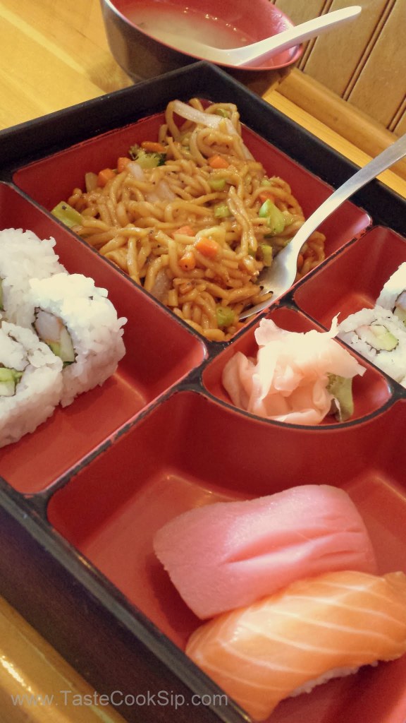 Bento Box C for $8.95 included Soup, a full California roll (8 pieces) Noodles and 1 Ahi and 1 Salmon.
